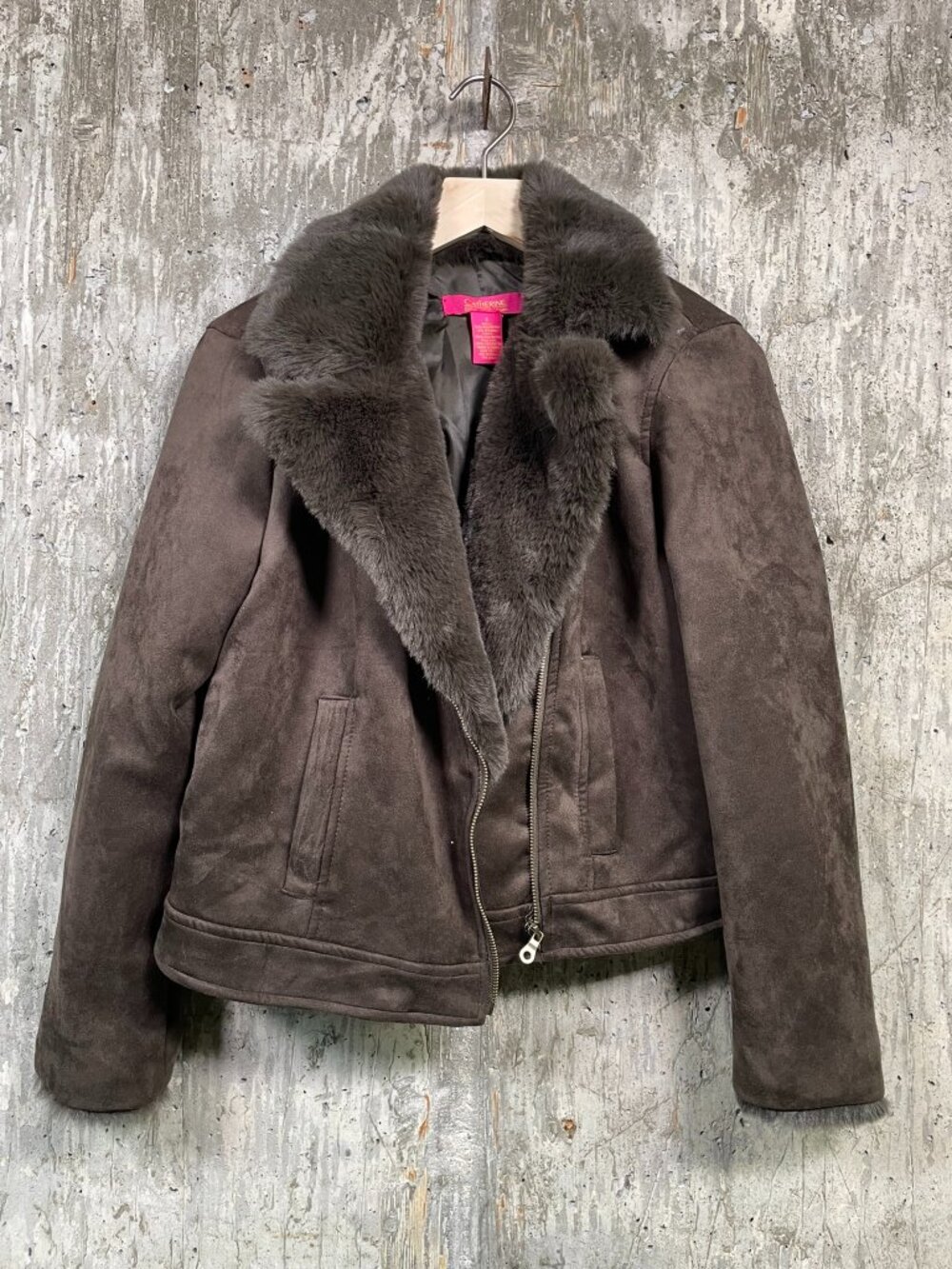 CATHERINE MALANDRINO Women's Brown Suede Faux Fur Moto Jacket Size S